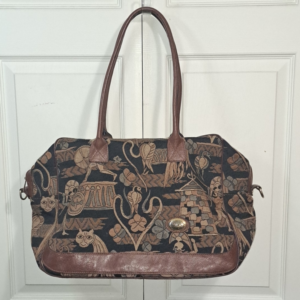 Vintage Black and Brown Tapestry Weekend Travel Bag